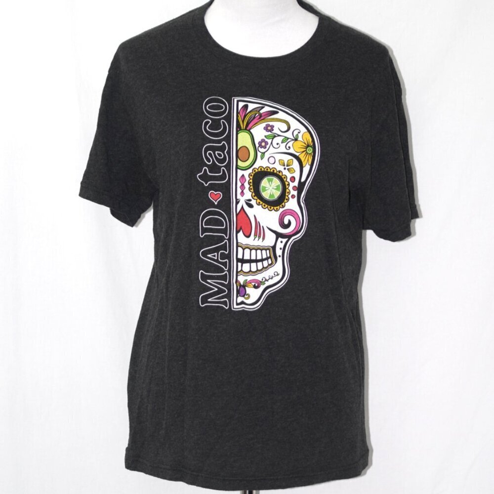 Mad Taco Skull Tshirt Medium Shirt Top Dark Heather Gray Graphic Tee EUC